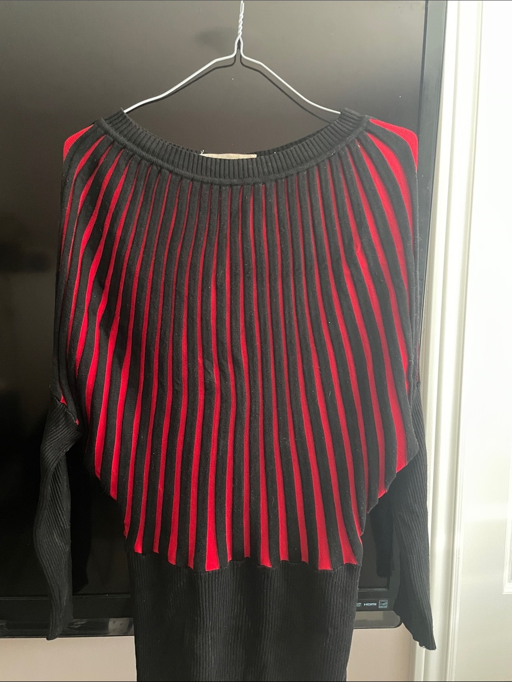 Black Sweater with Red Pleated Detail